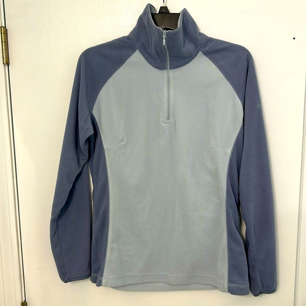 Columbia Women's Quarter Zip pullover Powder Blue/Gray Plush Fleece Large